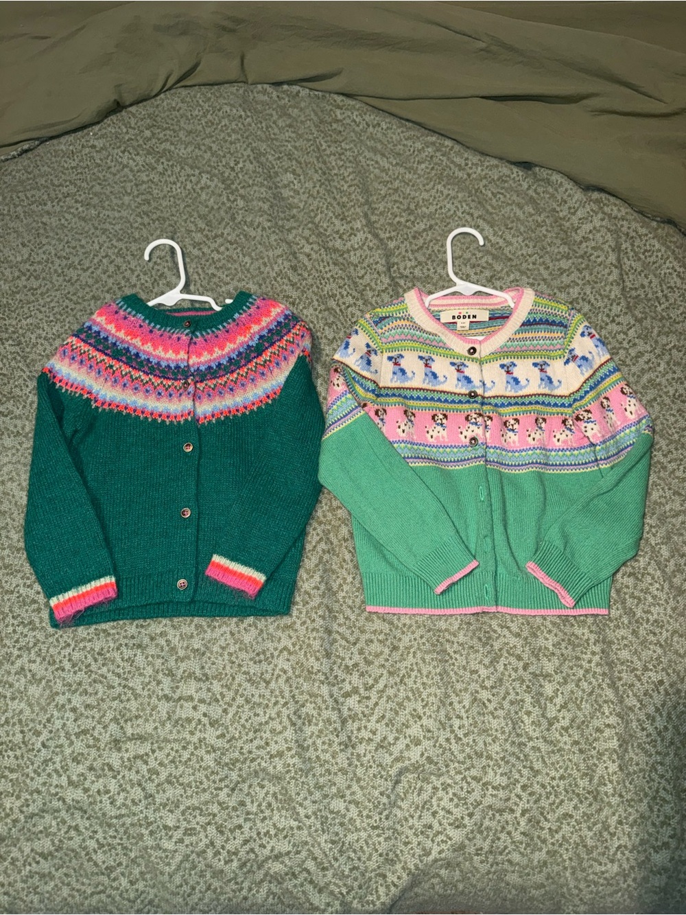 Mini Boden Girls Fair Isle Cardigans in Green & Teal with Pink Accents